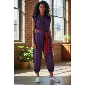 Glances By Sue Wong Womens Button-Up Jumpsuit W/Purple Pink Sash Belt P Size 5/6